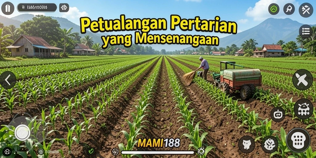 Screenshot MAMI188 menampilkan pemain sedang merawat ladang dengan berbagai tanaman.