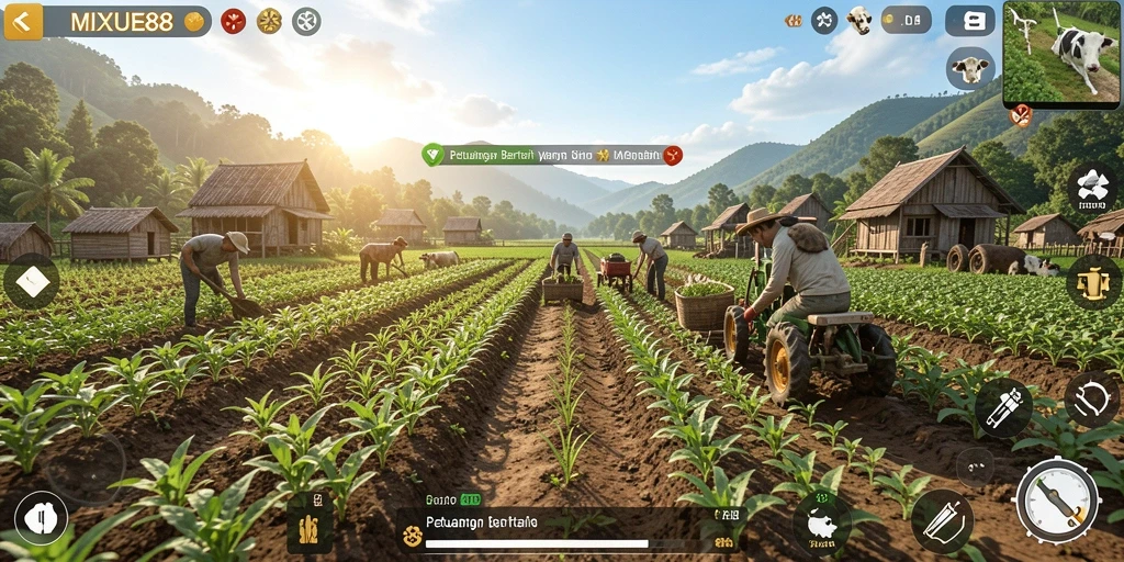 Tangkapan layar gameplay MIXUE88 menampilkan ladang yang subur dan hewan ternak yang bahagia.
