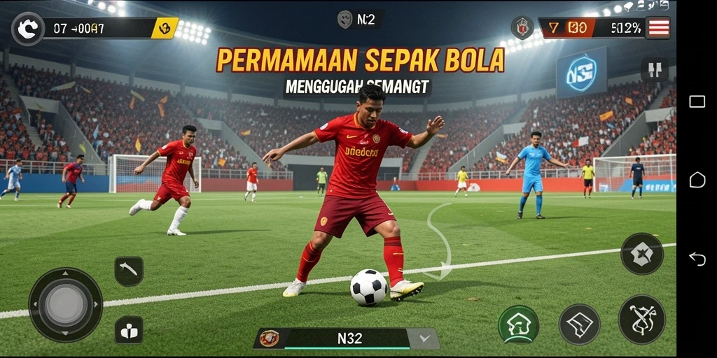 Tampilan gameplay N32 yang seru dan penuh aksi di lapangan sepak bola.