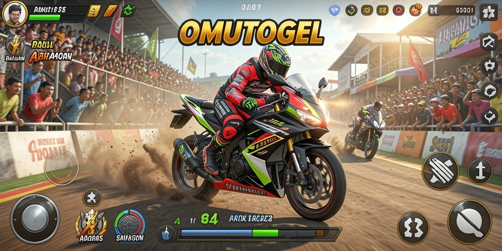 Tampilan menarik dari gameplay balapan motor OMUTOGEL yang seru.
