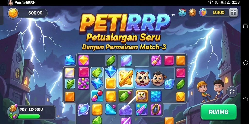 Tangkapan layar gameplay PETIRRP menampilkan elemen-elemen Match-3 yang berwarna-warni.